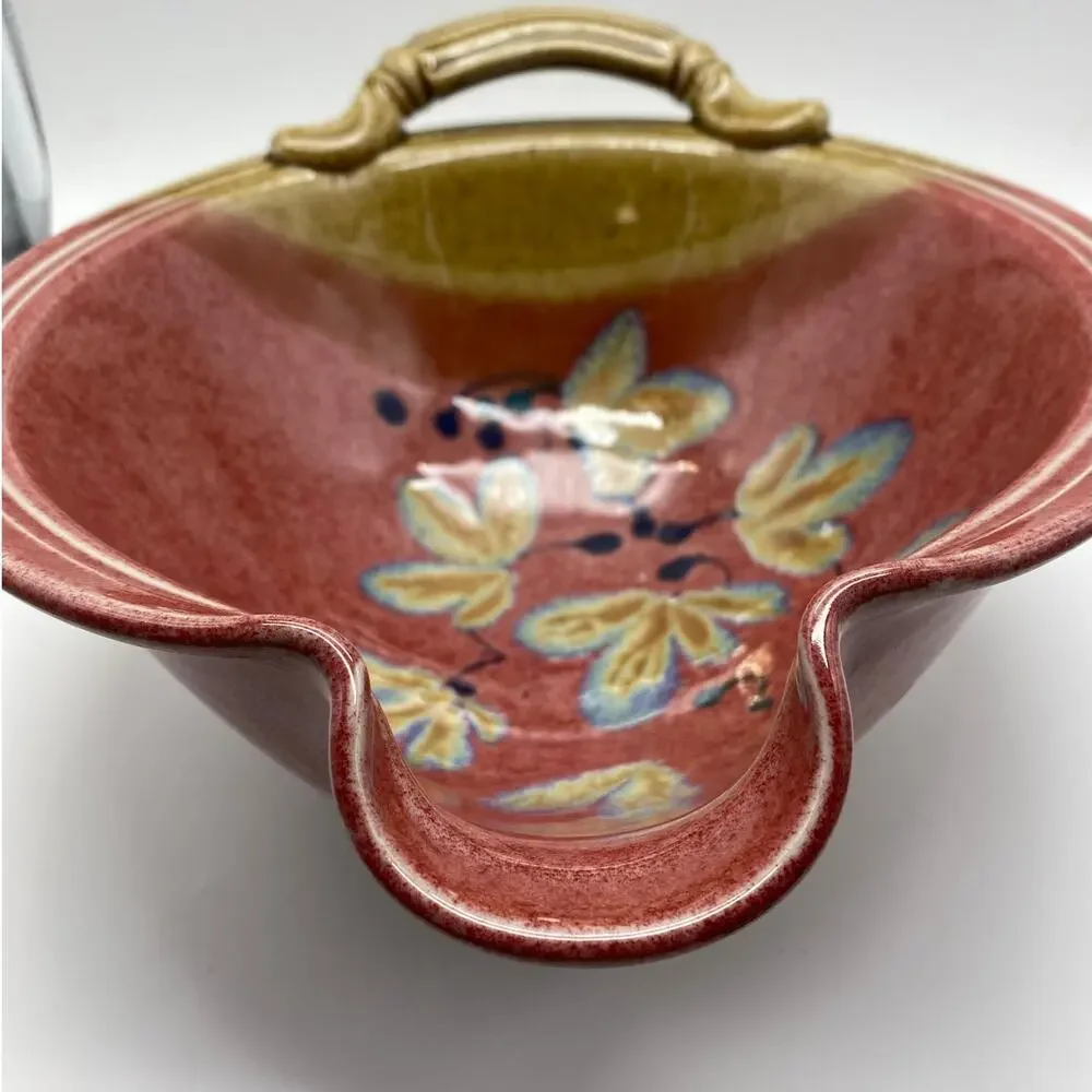 Handmade Pottery handled dish pour spout‎ round red floral Signed Art pottery